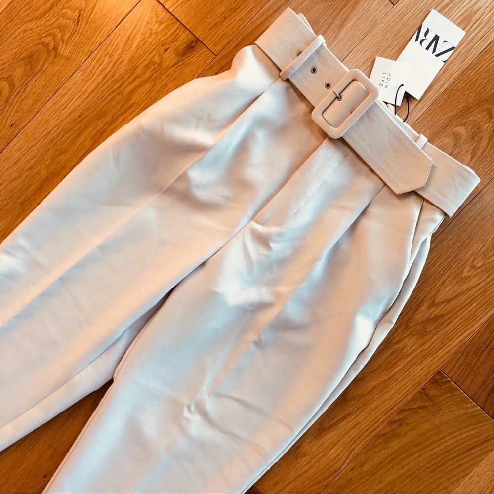 NWOT Zara High Waisted Belted Cream White Pants - Picture 11 of 11